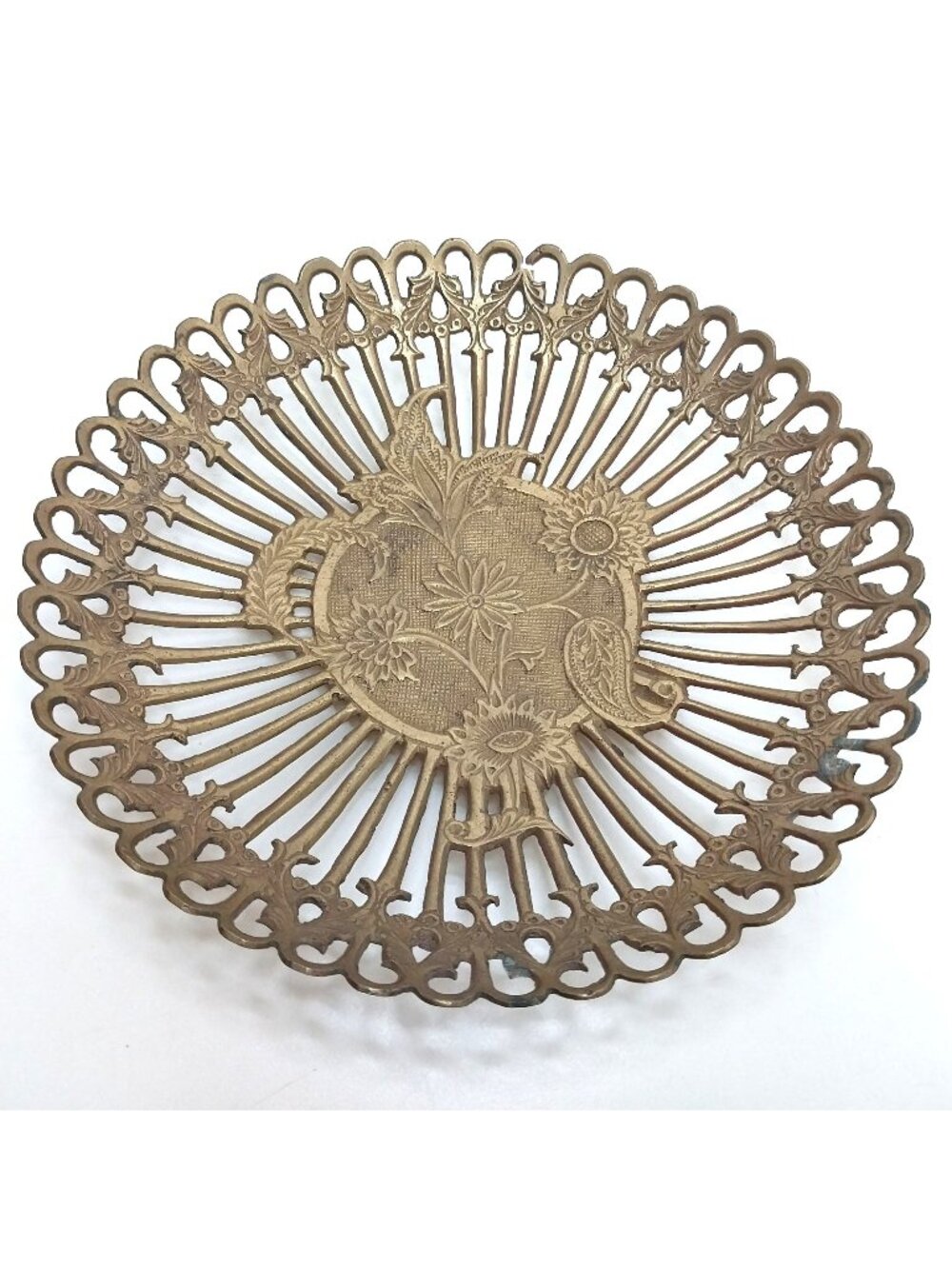 Vintage Brass Pedestal Bowl Reticulated 9" Floral Embossed Design India